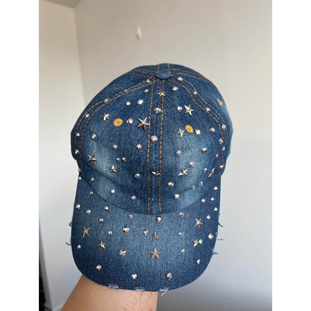 Olivia & Kate Blue Distressed Stars Studded Bling Denim Cap Y2K-Inspired McBling - Picture 2 of 6